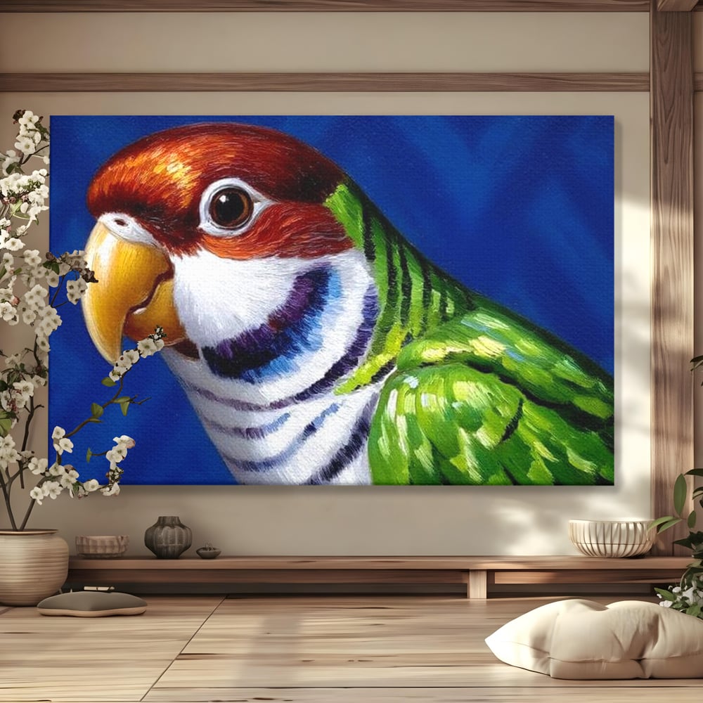 Tablou canvas cu pictura cu cap de papagal colorat, fara rama, pe sasiu de lemn
